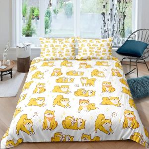 uppsättningar shiba inu täcke omslag set söt shiba inu sängkläder set söt gul hund tecknad djur bondgård pet djur polyester quilt täckning