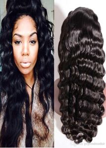 100 malaysiska peruanska brasilianska jungfruliga mänskliga hår 824 tum i lager Deep Wave Glueless Full Lace Wig Lace Front Wigs8212580