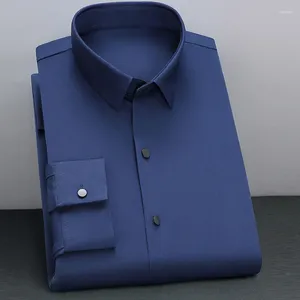 Camisas de vestido masculinas de alta elasticidade Men Manga longa Camisa xadrez listrada sem rugas de bolso de bolso