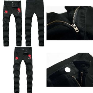 Stickerei Rose Jeans Männer brandneue Herren dehnbar zerrissene Biker Jeanshose lässig schlanke elastische schwarze Bleistifthose 201111 s