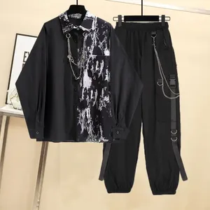 Men's Tracksuits Fashionable Sets Korean Style Loose Tie-Dyed Shirt Black Cargo Pants With Chain Hip-Hop Plus Size Man Clothes Outfits