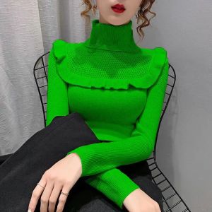 Pullovers Autumn Winter Women's Knitwear Lapel Wood Ear Slimfit Jumper Women