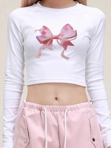 Koszule damskie Slim Fit Crop Tops Cute Bow Print Załoga z długim rękawem Szyja dziecięca Kobieta Biała Podstawowa koszula Y2K 2000S Estetyczne bluzki