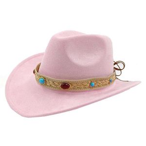 Breda brimhattar hink hattar mocka cowboy hatt krullade retro ädelstenbälte tillbehör västra cowboy man och kvinnlig riddare hatt cowboy hatt y240425