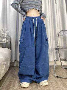 Women's Jeans 2023 Korean Y2K Fashion Drawstring Casual Baggy Cargo Jeans Pants Women Clothing Straight Wide Leg Sweatpants Female Trousers 240423