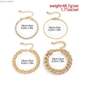 Beaded 4Pcs Fashion Iced Out Cuban Chain Bracelet Set For Women Crystal Gold Silver Color Tennis Chain Bangle Female Trendy Jewelry