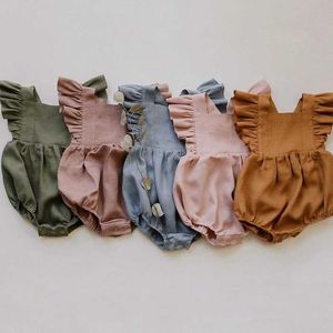 Rompers de linho vintage algodão bebê garotas brincalhões de verão macacão sem mangas de renda para crianças pequenas para crianças roupas de uma peça