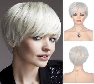 Kurze blonde Perücken für Frauenpixie geschnittene HAGELED -Perücke mit Pony Synthetic Hitzefest Halloween Cosplay Hair Wig1074750