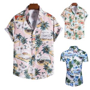 Coconut tree frangipani print short sleeve shirt large size casual Hawaiian beach floral shirt man size xs-xl