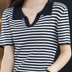 Womens Clothing Summer Short Sleeve Striped Polo Turn-down Collar Loose Tee T-shirt Vintage Elegant Fashion Casual Tops 240425