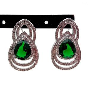 Stud Earrings Clear Cubic Zirconia Pave Teardrop Green Setting Women Party Jewelry
