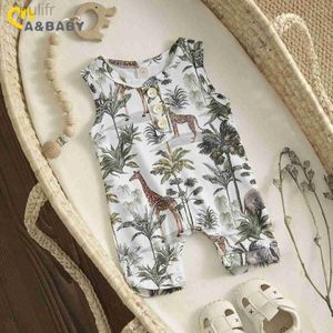 Rompers MA baby 0-24m nyfödda spädbarn baby pojkar flickor jumpsuit ärmlös djurtryck romer sommar casual kläder d240425