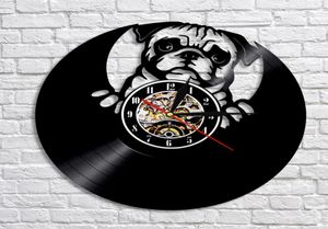 1 peça adorável silhueta de cão pug Record led relógio de parede design moderno cachorro animal relógio criativo berçário de parede de parede decoração2461380