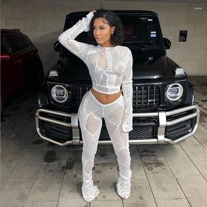Women's Two Piece Pants Women Solid Hollow Out Crochet Knitted 2 Set O-Neck Long Sleeve Crop Tops High Waist Flare Casual Streetwear Suits