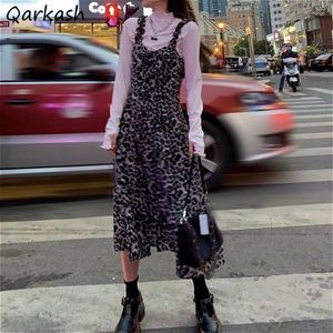 Casual Dresses Leopard Women Rems ärmlös a-line Loose Ladies V-Neck Korean Style Street Fashionable Spring Vintage