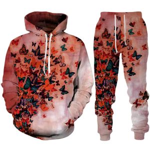 Sweatshirts جديدة أزياء الفراشة ثلاثية الأبعاد للقطعة المقطوعة 2 قطعة ملابس هودي/سروال/مجموعة من سفن الأكمام طويلة الأكمام+بنطلون بدلات ملابس رياضية