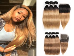 Kiss Hair 1B 27 Ombre Honey Blonde 1B 30 proste ombre ludzkie włosy splot 34 wiązki z zamknięciem Brazylijskie Virgin Remy Hair7838500