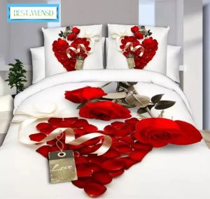 Setler Sıcak 3D Yorgan Kapağı Kral Boyut Yatak Seti 3/4pcs Düğün Yorgan Kapak Sayfası Yastık Kırmızı Gül Lily Bedclothes Romantik Aşk