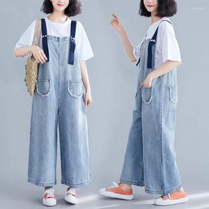 Kadınlar kot denim kayış pantolonları önlük atlama takım elbise tam uzunlukta kadınlar kontrast tulumlar retro büyük cep gevşek büyük boyut