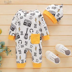 Rompers 0-12 mesi Bodyborn Boy Body Modello cartone animato salta per pagliaccio con manicotto lungo con cappello per neonaio per bambini per bambini outfit d240425