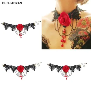 Pendants Duojiaoyan Tasarım Gotik Kolye Aksesuarları Dantelli Gül Gerdanlık Kadınlar Retro Hollow Crystal Chocker