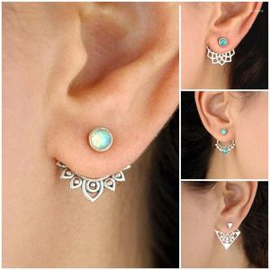 Stud Earrings Bohemian Openwork Metal Lotus Opal Vintage Jewelry Antique Silver Color Detachable Joint Mujer