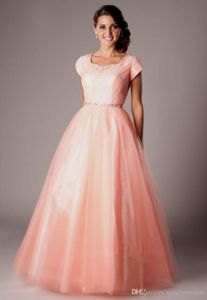 CORAL LONG ALINE MODST PROMドレスキャップスリーブの床の長さのクリスタルTULLE TULLE HIGH SCHOOL MODEST ENVIONS GOUNS CHE3573924