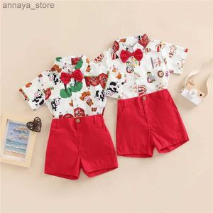 T-shirt natalizi per bambini bambini ragazzi 2 pezzi Outfit Farm/Circus Cartoon Cartona di camicie a maniche corte + Shorts a colori solidi Setl2404