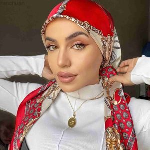 Hijabs Chain Printed Square Hijab Scarf Stylish Thin Satin Shawl Elegant Style Sunscreen Headscarf For Women d240425