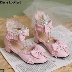Boots Spring Summer Summer mulheres saltos altos Mary Jane Pumps Party Wedding Wedding White Pink Black String Bow Bow Princess Cosplay Lolita Shoes