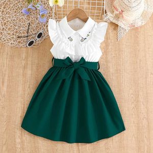 Abito da ragazza vestito per bambini di 2-7 anni di compleanno arruffato ricamato senza maniche e smeralde abiti da principessa verde ootd per baby girll2404