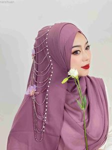 Hijabs Muslim Beaded Tassel Hijab Solid Color Hijab Flower Arab Hijab Women Hijab Shiny Soft Easy To Wear Hijab Turkish Head Wrap Scarf d240425