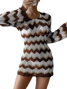 Sukienki swobodne Kobiety szydełkowane mini sukienka z długim rękawem puste sweter pokrywka na plażę nadmorską letnie strój