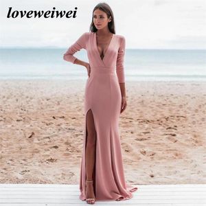 Party Dresses Elegant Pink Mermaid Prom Pleated Sexy Deep V Neck Satin Longeple Side Slit Evening Zipper Back Back