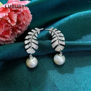 Stud Earrings Luxury S925 Sterling Silver8mm Pearl Feather High Carbon Diamond For Ladies Sparkling Party Jewelry