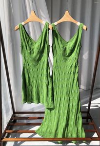 Casual Dresses Top End Women French Style Double Layer Silk Embroidered Green Tank Dress Elegant Lady Deep V-neck Sleeveless Lace-up Slim