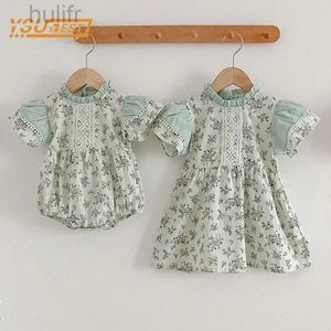 Rompers Baby Girls Short Sleeve Sweet Printing Sisters Dress Newborn Baby Girls Clothes Rompers Infant Kids Baby Girls Princess Rompers d240425