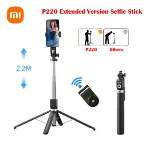 Sticks Xiaomi Genişletilmiş Sürüm 2.2m Selfie Stick Tripod Telefon Stand Selfie Stick, Kablosuz Bluetooth uzaktan kumanda ve Doldur Işığı