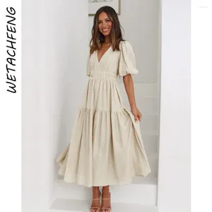 Party Dresses Boho Holiday Women Clothing Summer Elegant Solid Sweet Sexy Slim Puff Sleeve V Neck Maxi Evening Long Female Dress