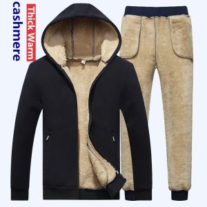 Suéteres homens Lamb Cashmere Sets Tracksuit Men Winter Wool Capuz Capel