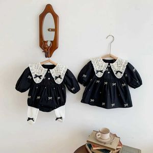 Clothing Sets New Baby Bodysuit Long Sleeve Sisters Outfit Girls Dress Bow Embroidery Toddler Clothing H240425