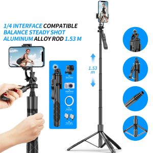 Ande de 1530 mm sem fio Selfie Stick Tripé Stand Telder Tripé para Mobile 1/4 Screw Interface para smartphone de câmera novo