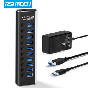 RSHTECH USB 3.1 Hub 10-Port Data Transfer 10Gbps Aluminum 36W USB Extension Hubs with 12V/3A Power Adapter USB C Hub Splitter 240418