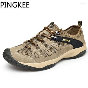 Casual Shoes PINGKEE Round Toe Bumper Man Leather Lace-lock Bungee Cord Mesh Wading Trail Trekking Backpacking Sneakers Hiking Men