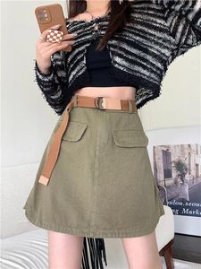 Kjolar 2024 Autumn Vintage denim bälte mini kort kjol mode kvinnor y2k hög midje last casual a-line s-3xl