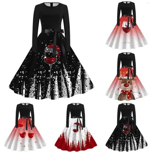 Vestidos casuais impressos de Natal o pescoço de manga longa de manga longa Swing Swing Dress Cocktail Party Pullover