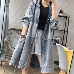 Modanea de retalhos com capuz de moda Menina de jeans feminino coreano de comprimento médio solto Mulher retro zíper casual de manga longa Jean Coats 240421