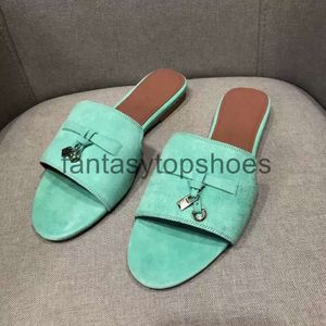 Loro Piano LP Charms suede slippers slides Summer embellished Luxe sandals shoes Genuine leather open toe casual flats for women Luxury Designe APZA