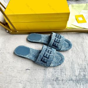 Designer Slipper denim Slides Women Sandal Flats Heel Slide Fabric Print Blue Denims Sandaler Summer Sliders Luxury Beach Scuff Shoes