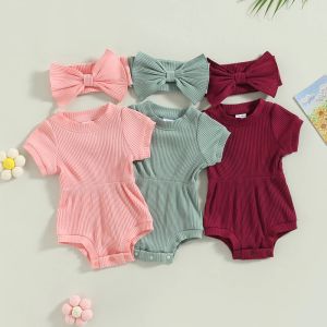 Einszene Sommermädchen ROMPERS Kleidung Kleidung mit geripptem gestricktem Kurzarm Elastic Taille Overalls Spiele Stirnband Casual Outfits